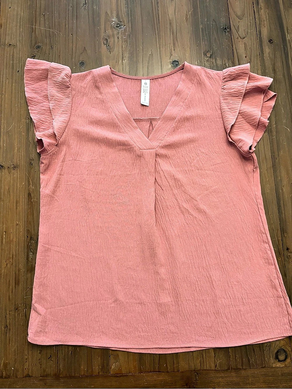Bebonnie Mauve Pink Crinkle Pleated V-Neck Flutter Sleeve Blouse L